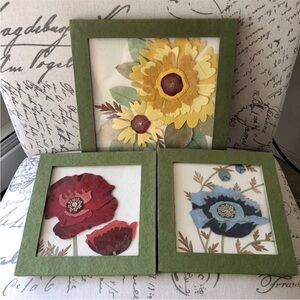 Green Framed Presses Floral Wall Art Set - Yellow, Red & Blue Flowers